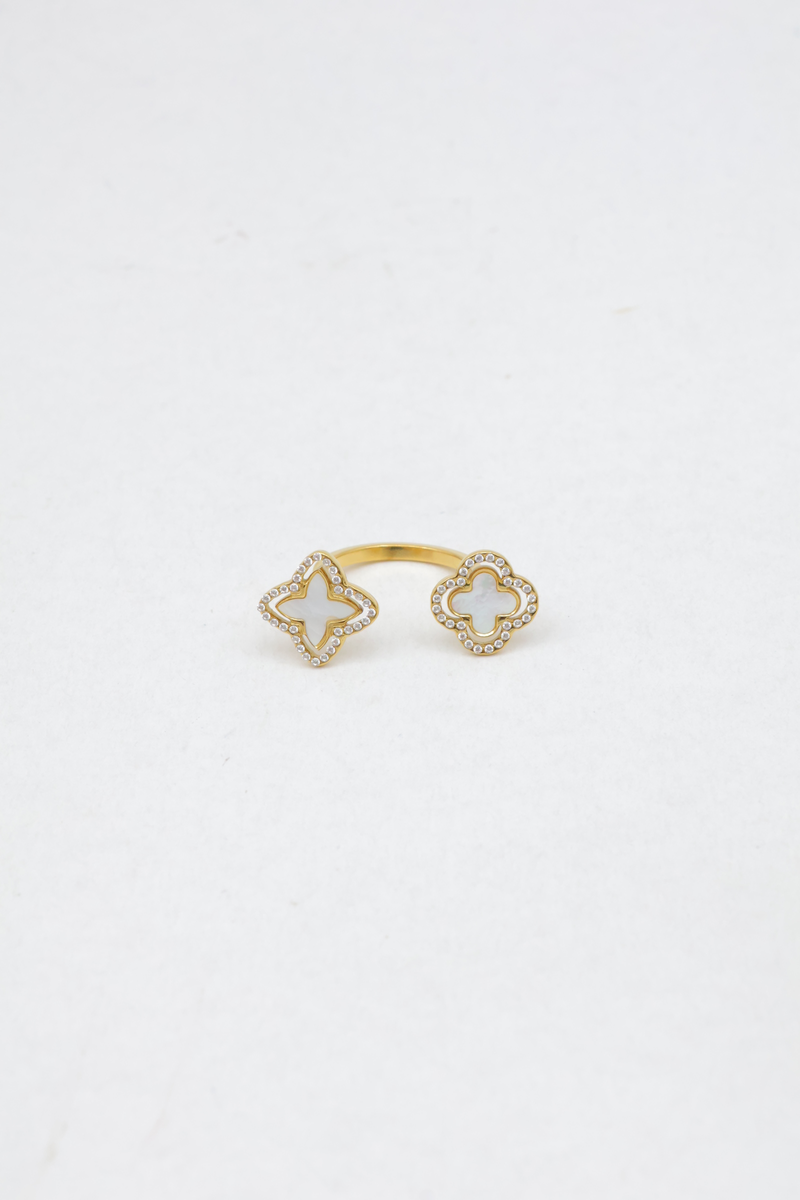 Bague ajustable en acier inoxydable à double motif trèfle et strass 2