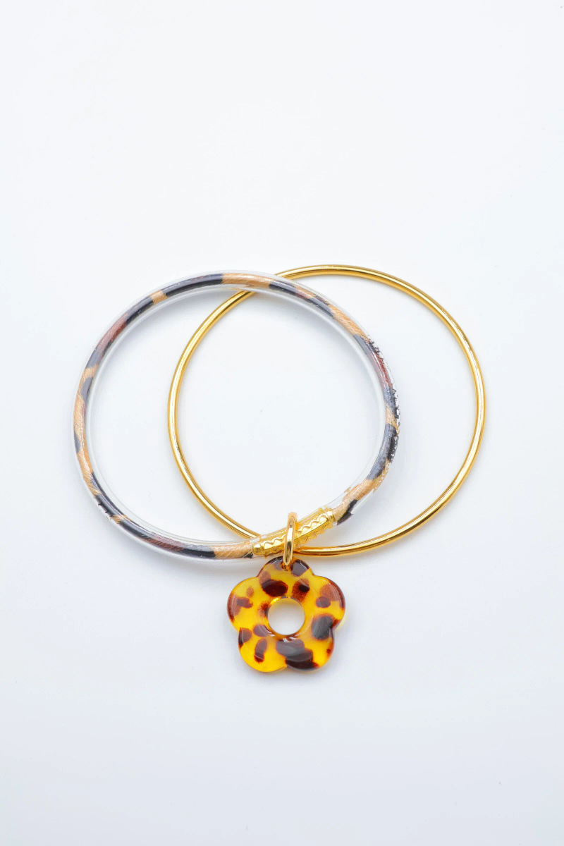 Stainless steel double bangle bracelet – leopard print flower charm 2