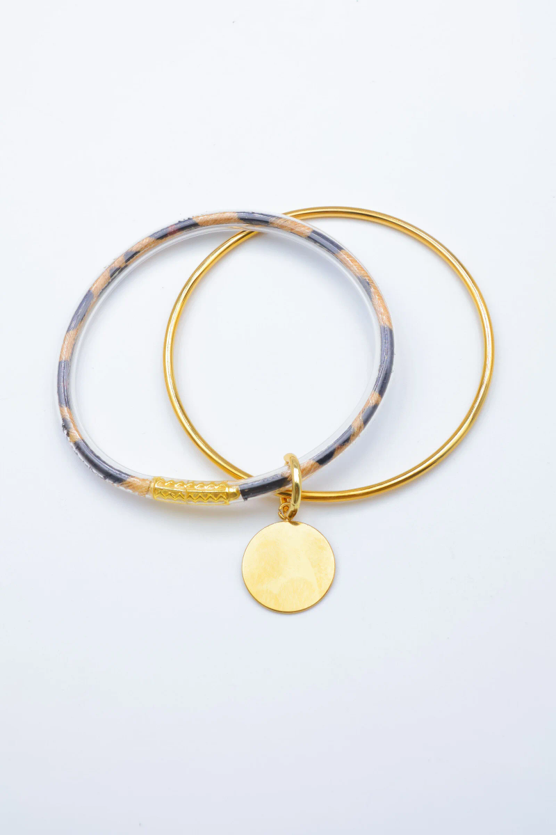 Stainless steel double bangle bracelet - engravable round charm 2
