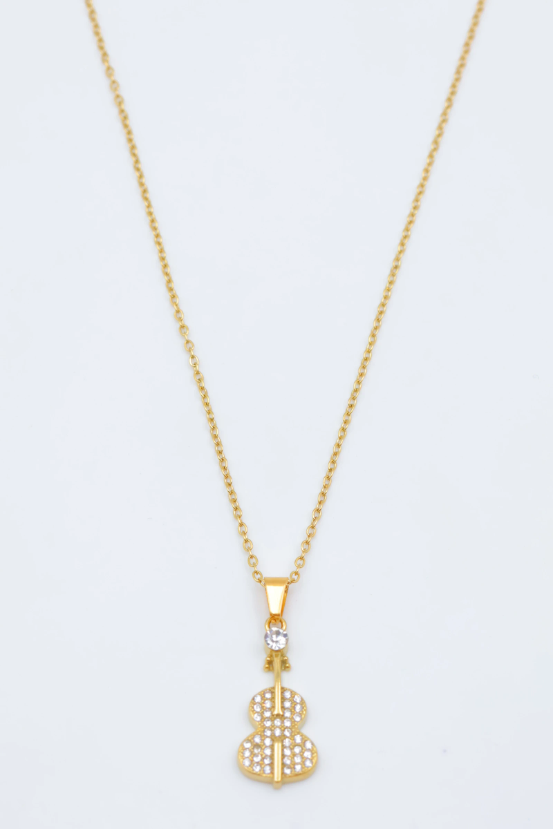 Necklace with violin-shaped pendant decorated with mini rhinestones and a small crystal. 2