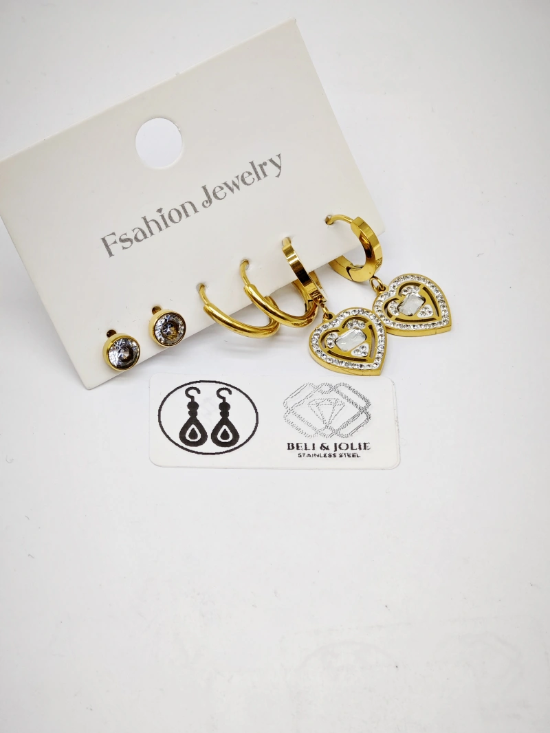 Lot de 3 paires de boucles d’oreilles à cristal et motif cœur en acier inoxydable