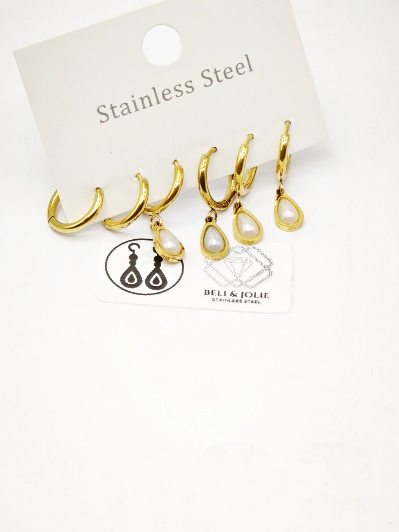 Lot de 3 paires de boucles d’oreille goutte à perle en acier inoxydable