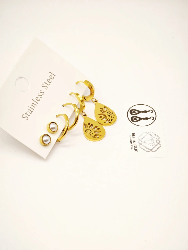 Lot de 3 paires de boucles d’oreilles motif feuille en acier inowydable