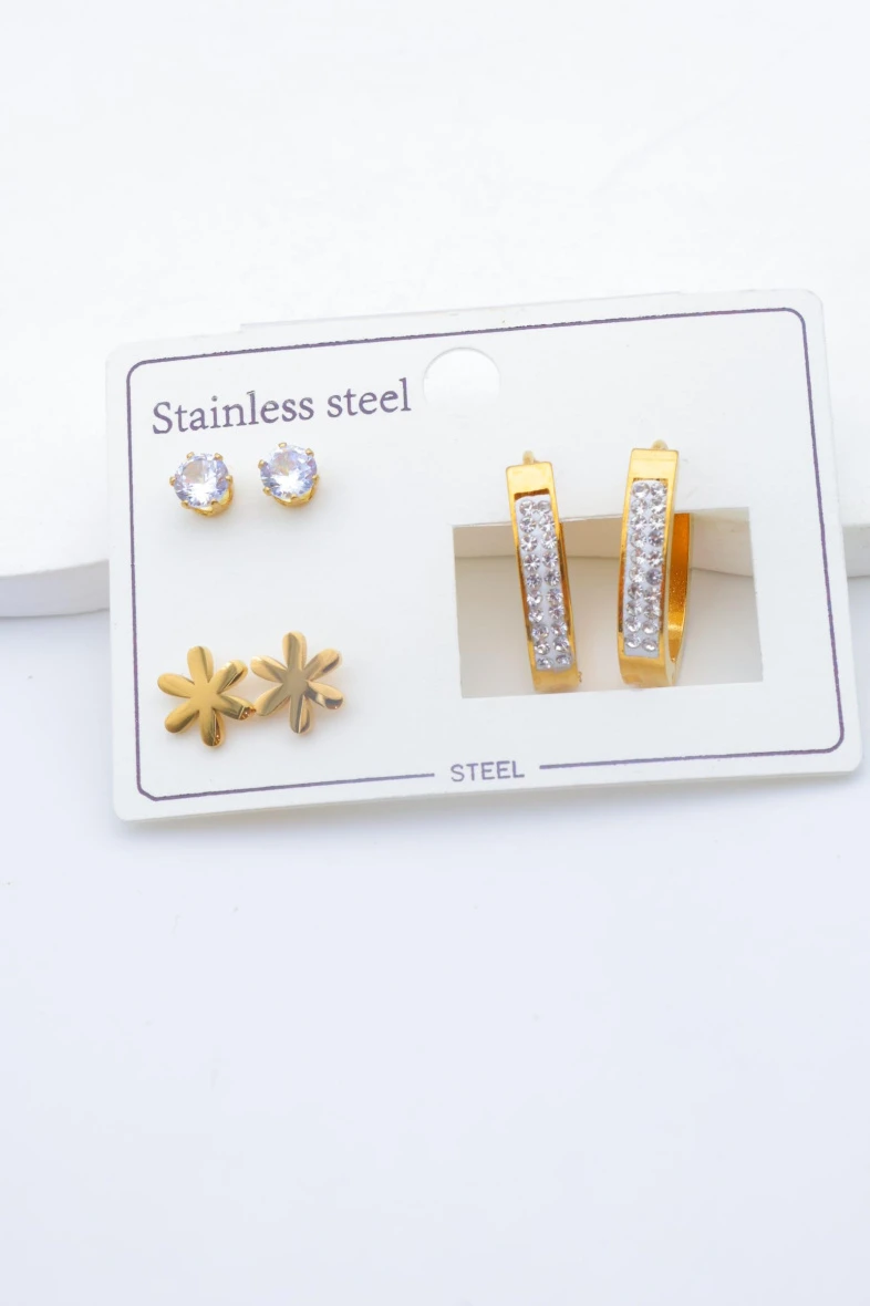 Lot de 3 paires de boucles d’oreilles fleur et strass en acier inoxydable