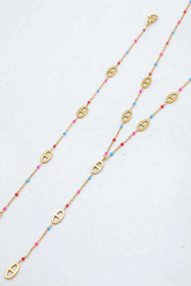 Parure en acier inoxydable collier Y et bracelet à motifs maille marine et perles de résine — Multicolore