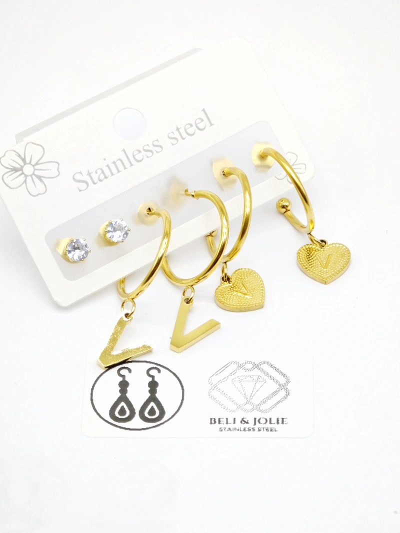 Lot de 3 paires de boucles d’oreilles motif lettre "V" et cœur en acier inoxydable