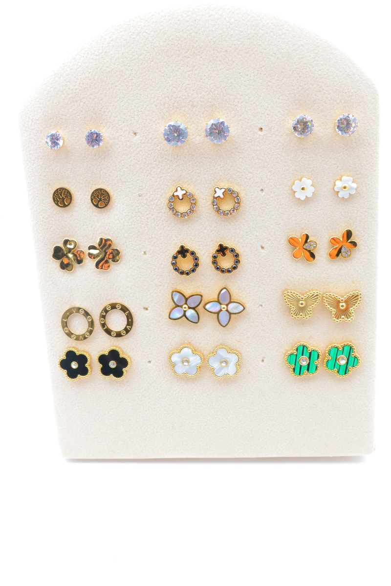 Présentoir avec 15 clous d'oreilles dorés — Multicolore
