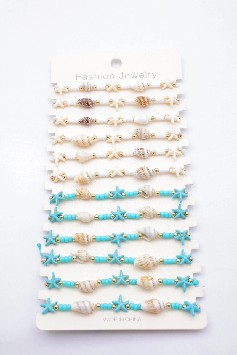 Lot de 12 bracelets cordon coquillages et étoiles de mer — Multicolore