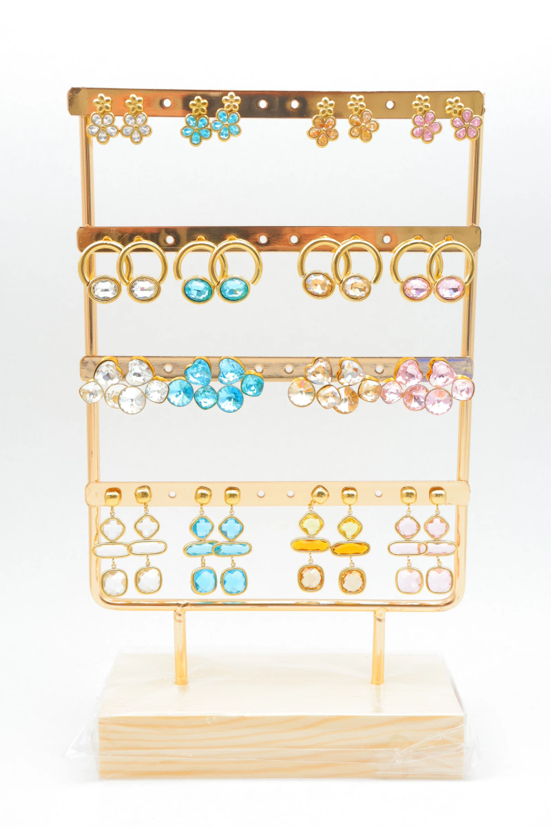 Set of 16 pairs of earrings with display stand — Multicolor