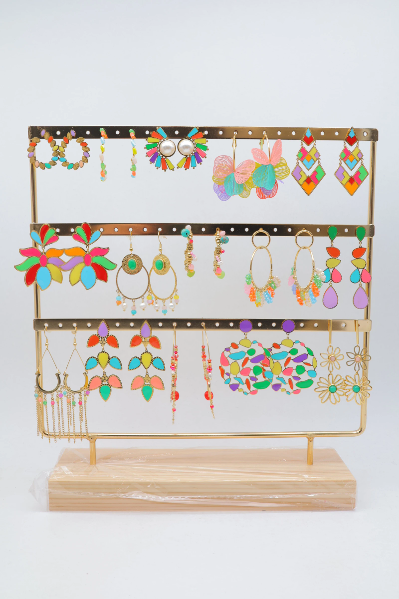 Set of 15 pairs of earrings with display stand — Multicolor