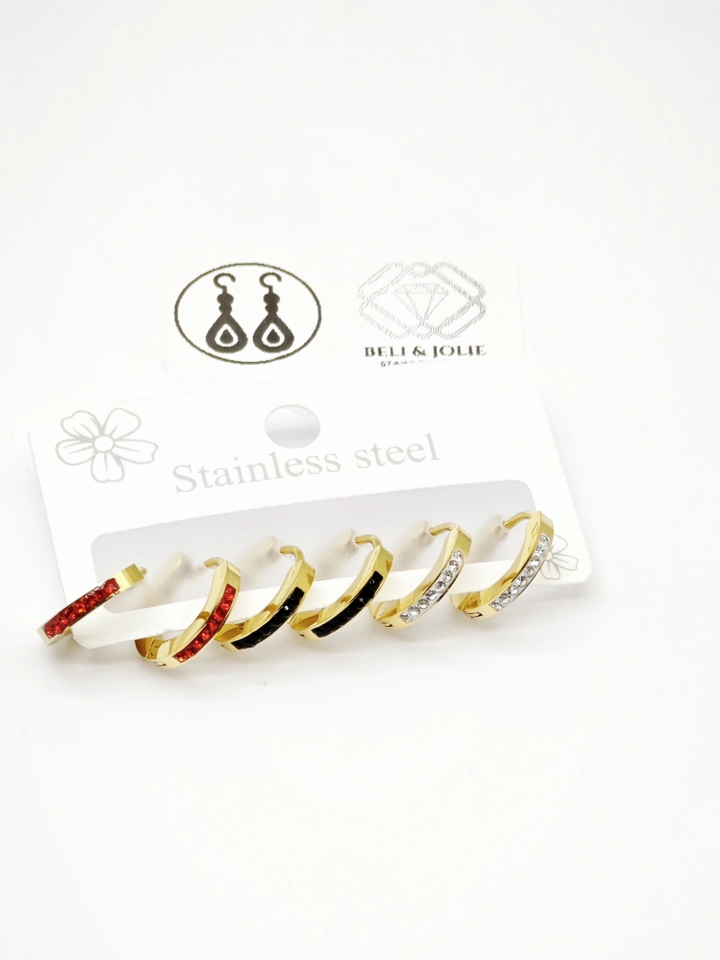 Lot de 3 paires de boucles d’oreilles créoles simple avec strass en acier inoxydable