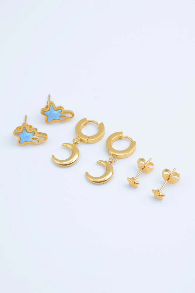 Lot de 3 paires de boucles d'oreilles motif étoile et lune en acier inoxydable