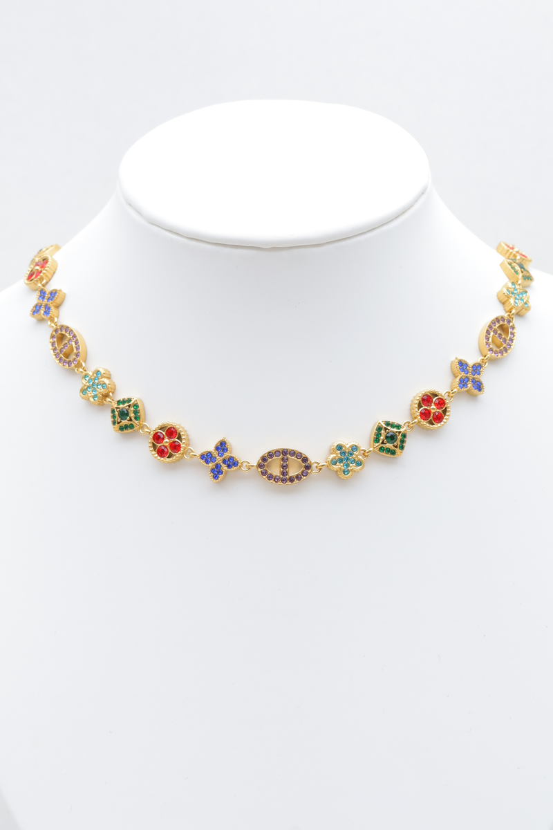 Stainless steel jewelry set with geometric patterns and rhinestone pavings — Multicolor