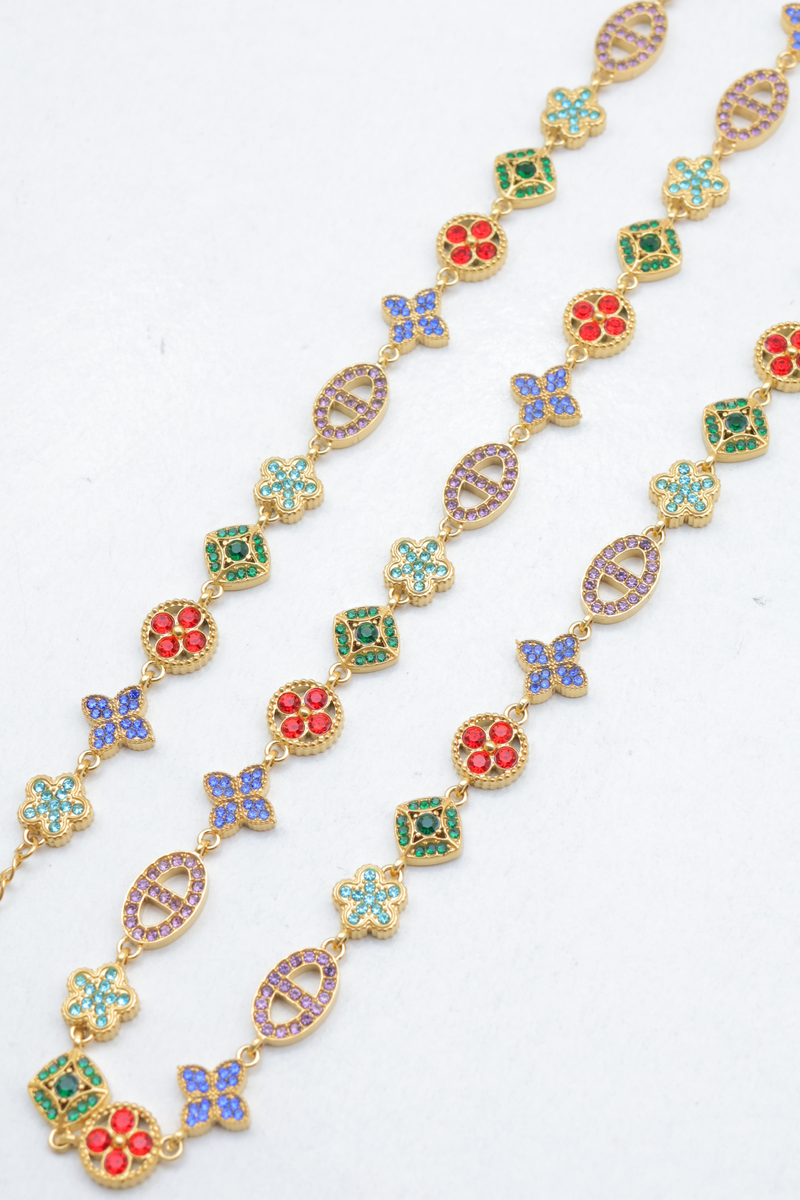 Stainless steel jewelry set with geometric patterns and rhinestone pavings — Multicolor